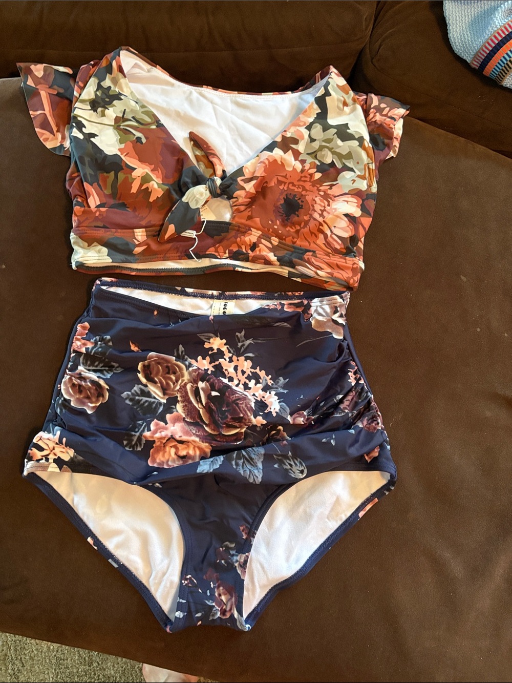 Floral High-Waist Two-Piece Swimsuit - Navy & Rust Floral
